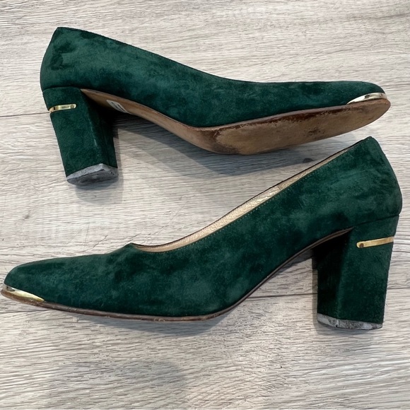 SAKS 5TH AVENUE Pump Fat Heel Suede Brass Square-Toe Forest Green 6AA Vintage​ - Picture 3 of 12